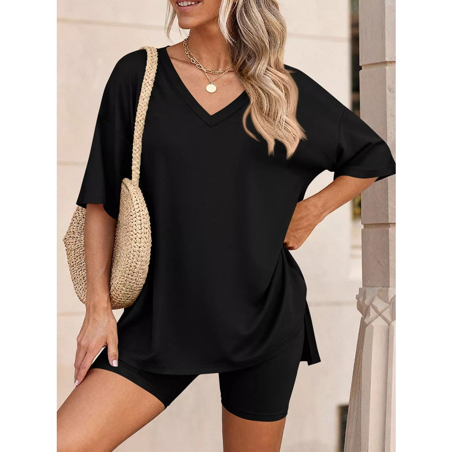 Full Size Casual Loose V-Neck T-Shirt & Shorts Set Plus Size Apparel and Accessories
