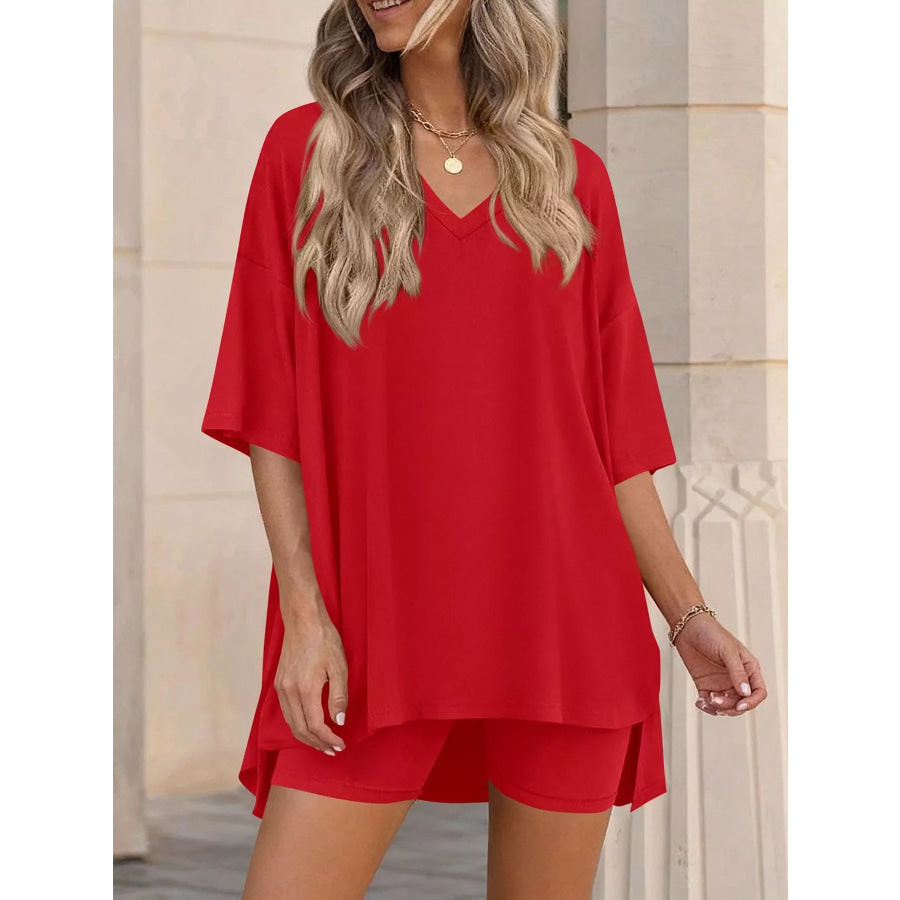 Full Size Casual Loose V-Neck T-Shirt & Shorts Set Plus Size Apparel and Accessories