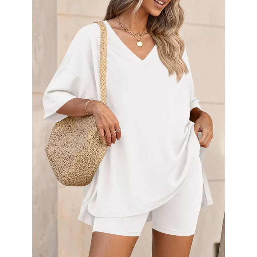 Full Size Casual Loose V-Neck T-Shirt & Shorts Set Plus Size Apparel and Accessories