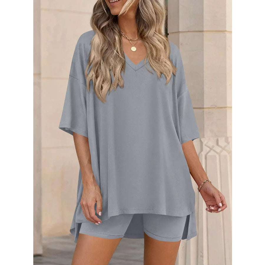 Full Size Casual Loose V-Neck T-Shirt & Shorts Set Plus Size Apparel and Accessories