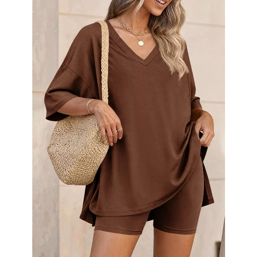 Full Size Casual Loose V-Neck T-Shirt & Shorts Set Plus Size Apparel and Accessories