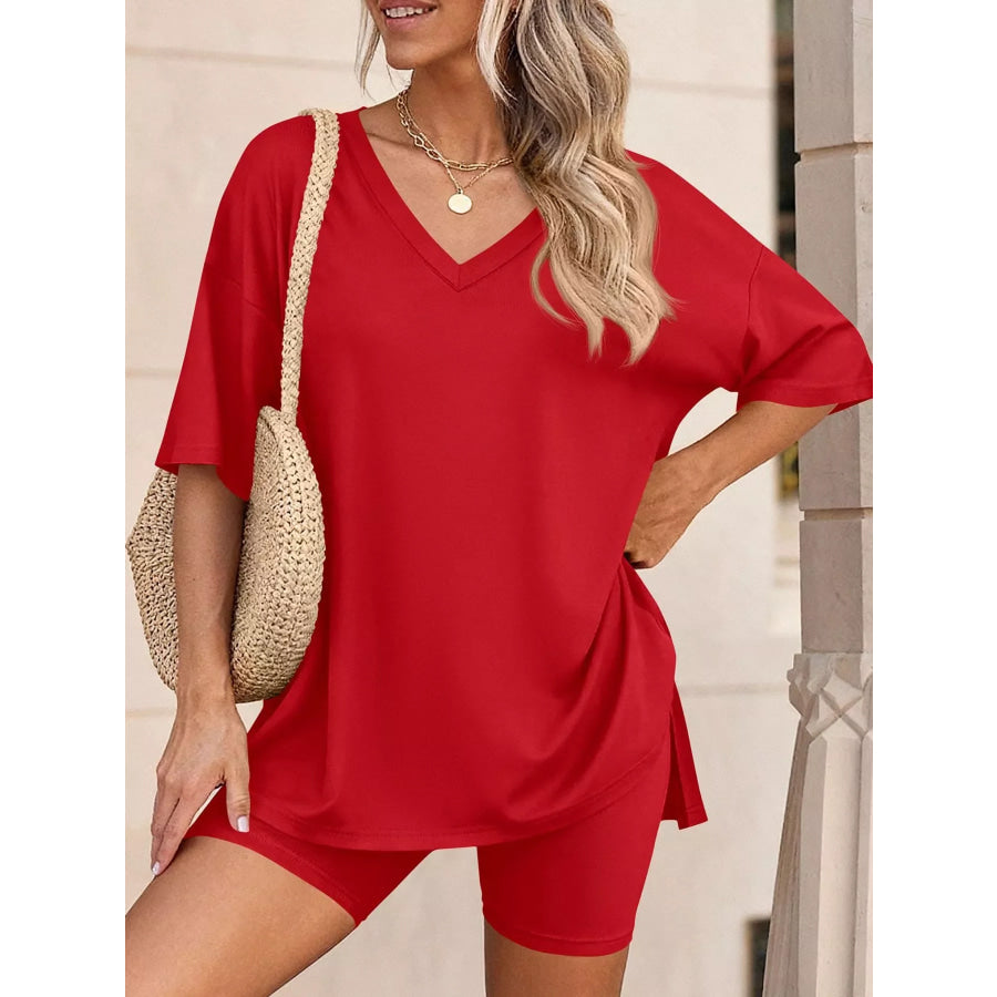 Full Size Casual Loose V-Neck T-Shirt & Shorts Set Plus Size Apparel and Accessories