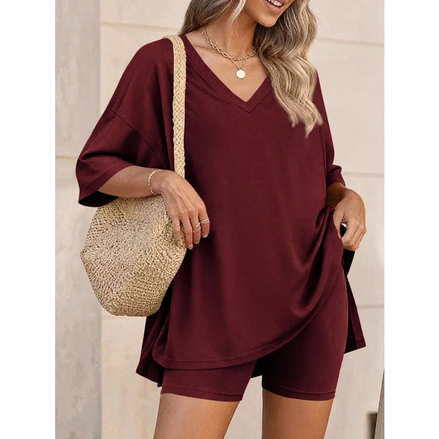 Full Size Casual Loose V-Neck T-Shirt & Shorts Set Plus Size Apparel and Accessories