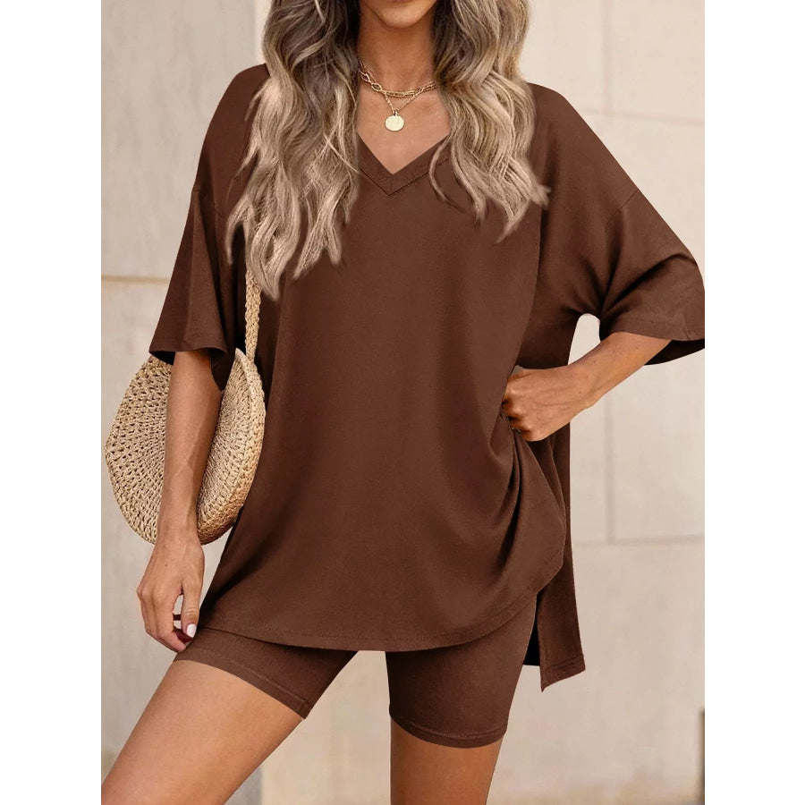 Full Size Casual Loose V-Neck T-Shirt & Shorts Set Plus Size Apparel and Accessories