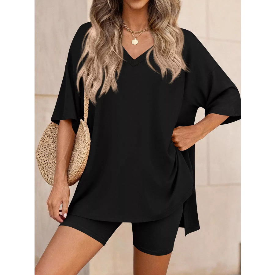 Full Size Casual Loose V-Neck T-Shirt & Shorts Set Plus Size Black / S Apparel and Accessories