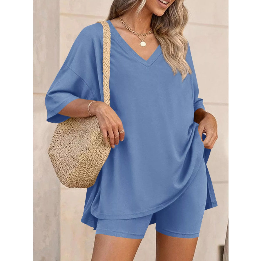Full Size Casual Loose V-Neck T-Shirt & Shorts Set Plus Size Blue / S Apparel and Accessories