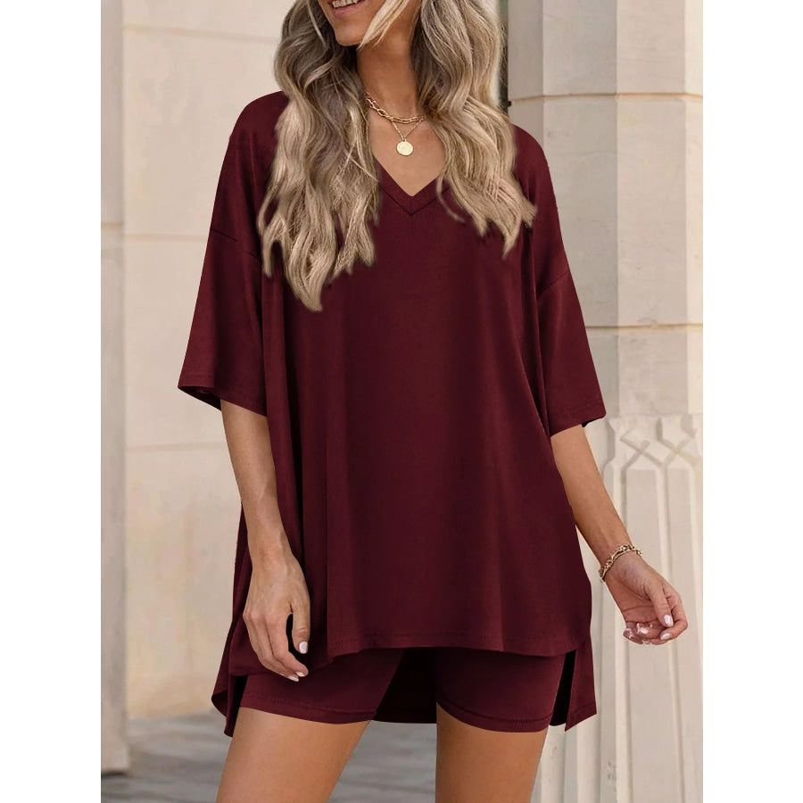 Full Size Casual Loose V-Neck T-Shirt & Shorts Set Plus Size Burgundy / S Apparel and Accessories