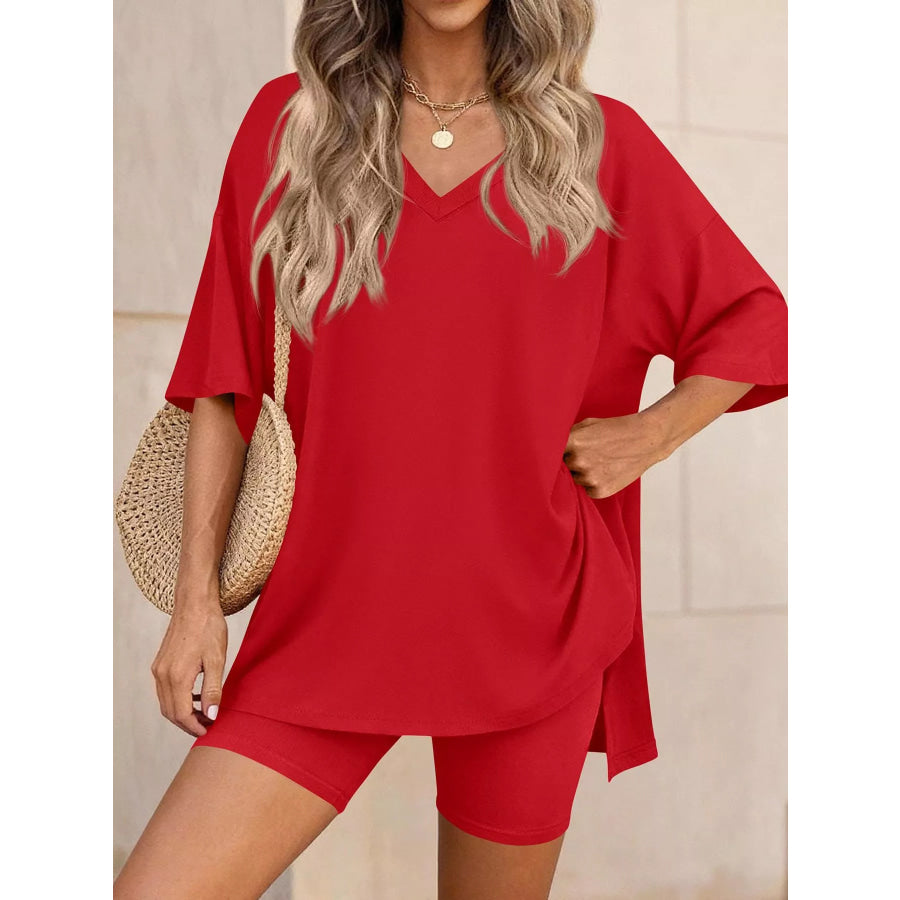 Full Size Casual Loose V-Neck T-Shirt & Shorts Set Plus Size Red / S Apparel and Accessories