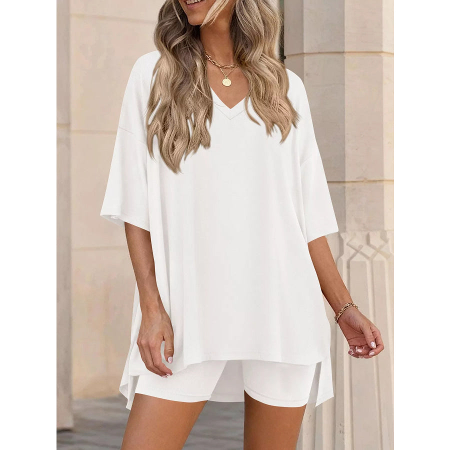 Full Size Casual Loose V-Neck T-Shirt & Shorts Set Plus Size White / S Apparel and Accessories
