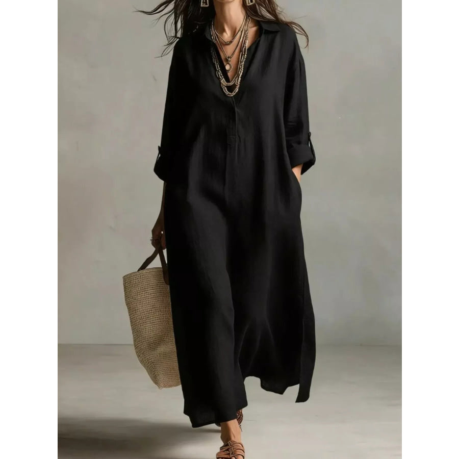 Full Size Casual Midi Shirt Dress Plus Black / S Apparel and Accessories