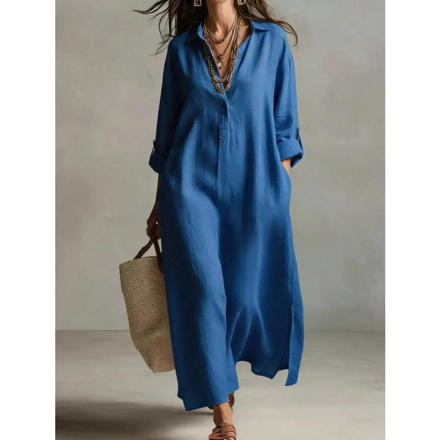 Full Size Casual Midi Shirt Dress Plus Blue / S Apparel and Accessories