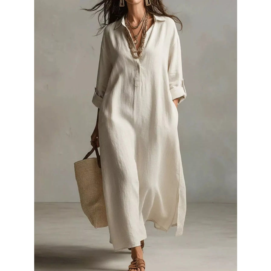 Full Size Casual Midi Shirt Dress Plus Cream / S Apparel and Accessories