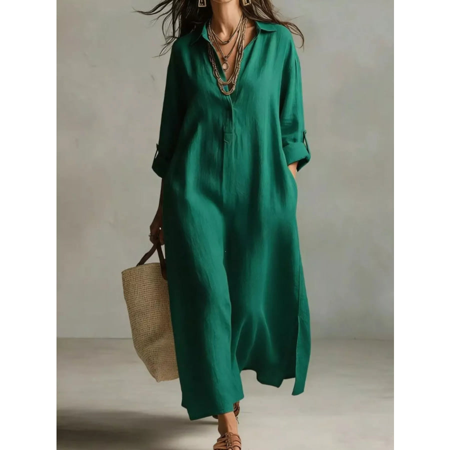 Full Size Casual Midi Shirt Dress Plus Green / S Apparel and Accessories