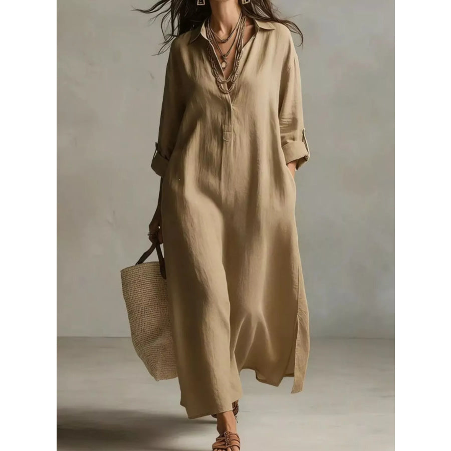 Full Size Casual Midi Shirt Dress Plus Khaki / S Apparel and Accessories