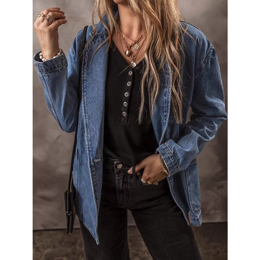 Full Size Casual One-Button Denim Blazer Jacket Plus Apparel and Accessories