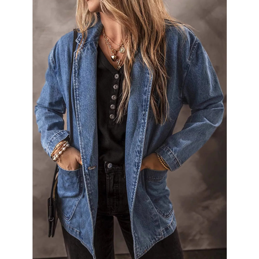 Full Size Casual One-Button Denim Blazer Jacket Plus Medium / S Apparel and Accessories