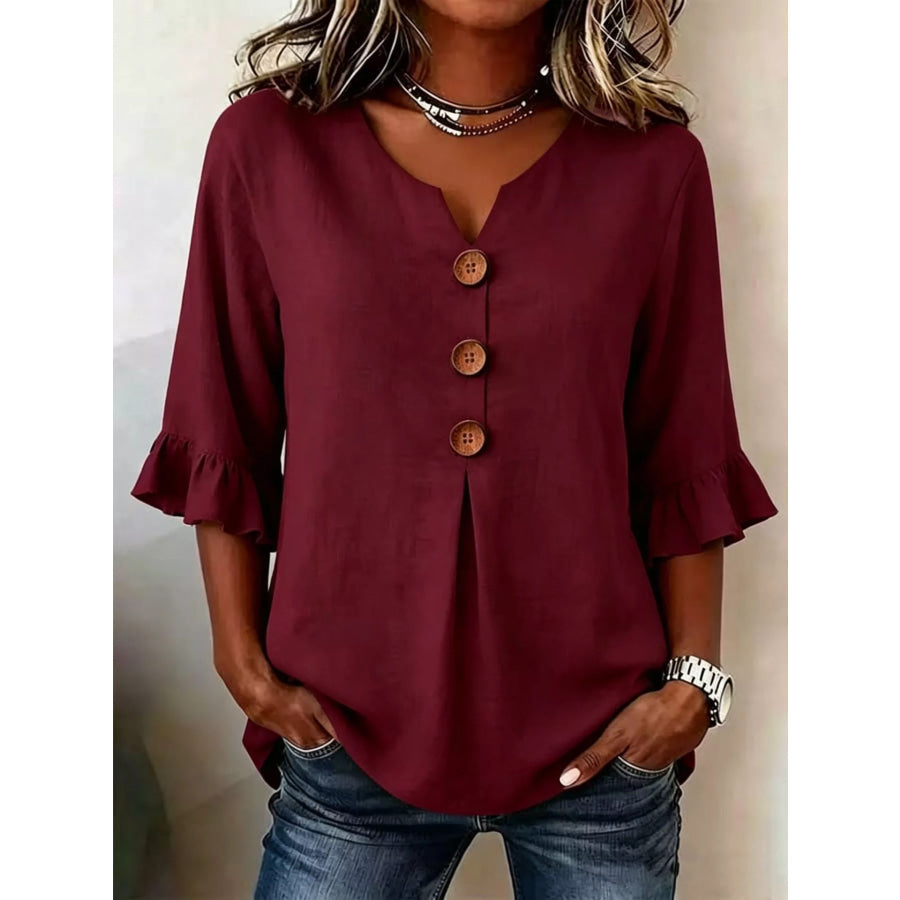 Full Size Casual Ruffle‑Sleeve Decor‑Button Top Plus Size Burgundy / S Apparel and Accessories