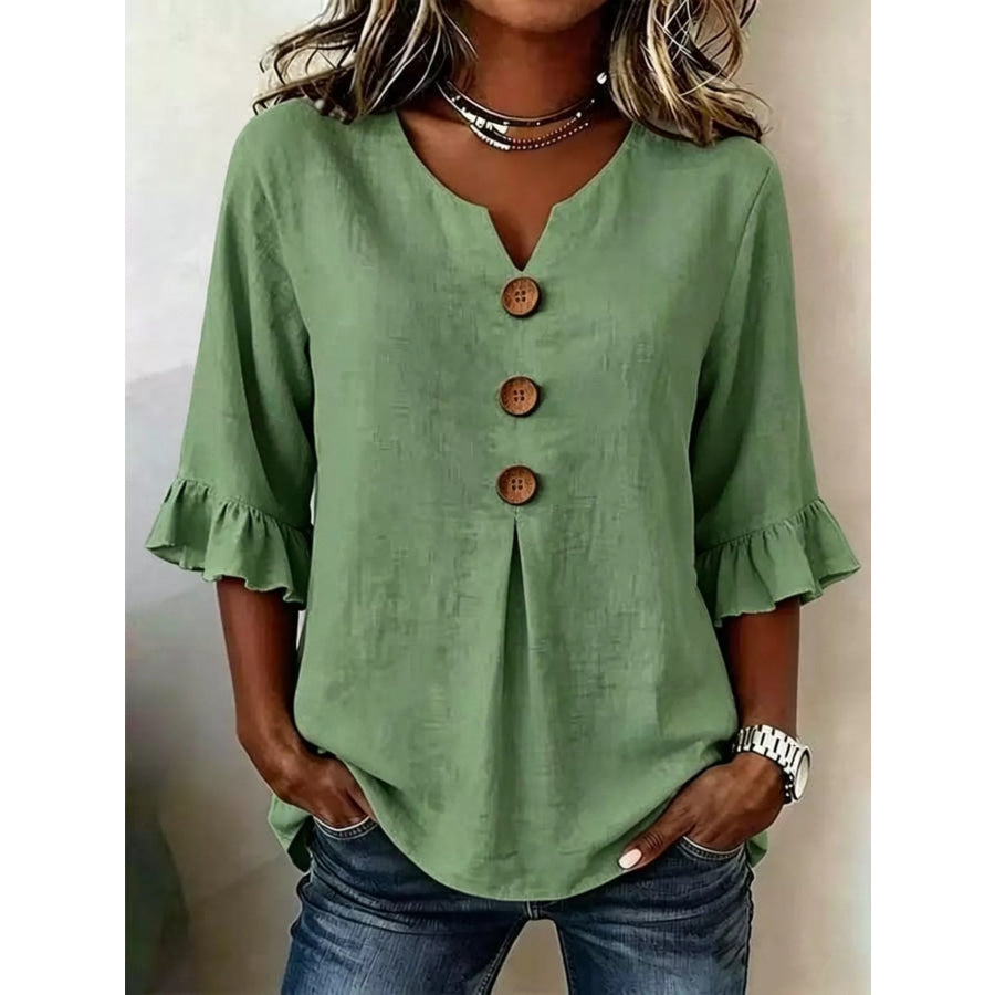 Full Size Casual Ruffle‑Sleeve Decor‑Button Top Plus Size Green / S Apparel and Accessories