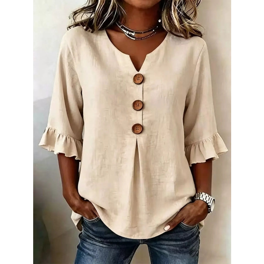 Full Size Casual Ruffle‑Sleeve Decor‑Button Top Plus Size Khaki / S Apparel and Accessories