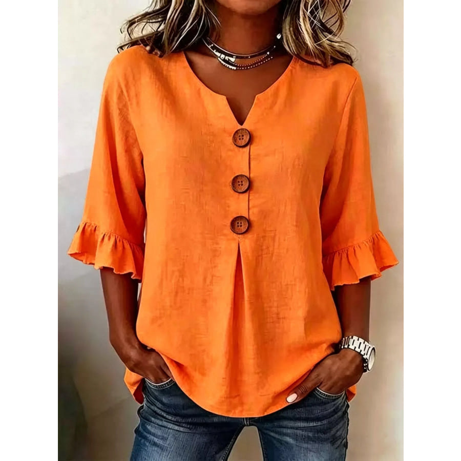 Full Size Casual Ruffle‑Sleeve Decor‑Button Top Plus Size Orange-red / S Apparel and Accessories