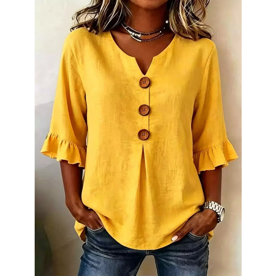 Full Size Casual Ruffle‑Sleeve Decor‑Button Top Plus Size Yellow / S Apparel and Accessories