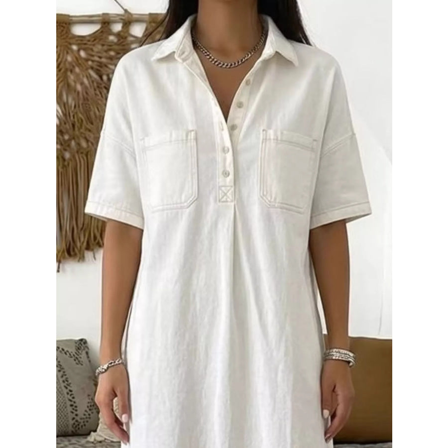 Full Size Casual Short Sleeve Dress with Dual Chest Pockets Plus Apparel and Accessories