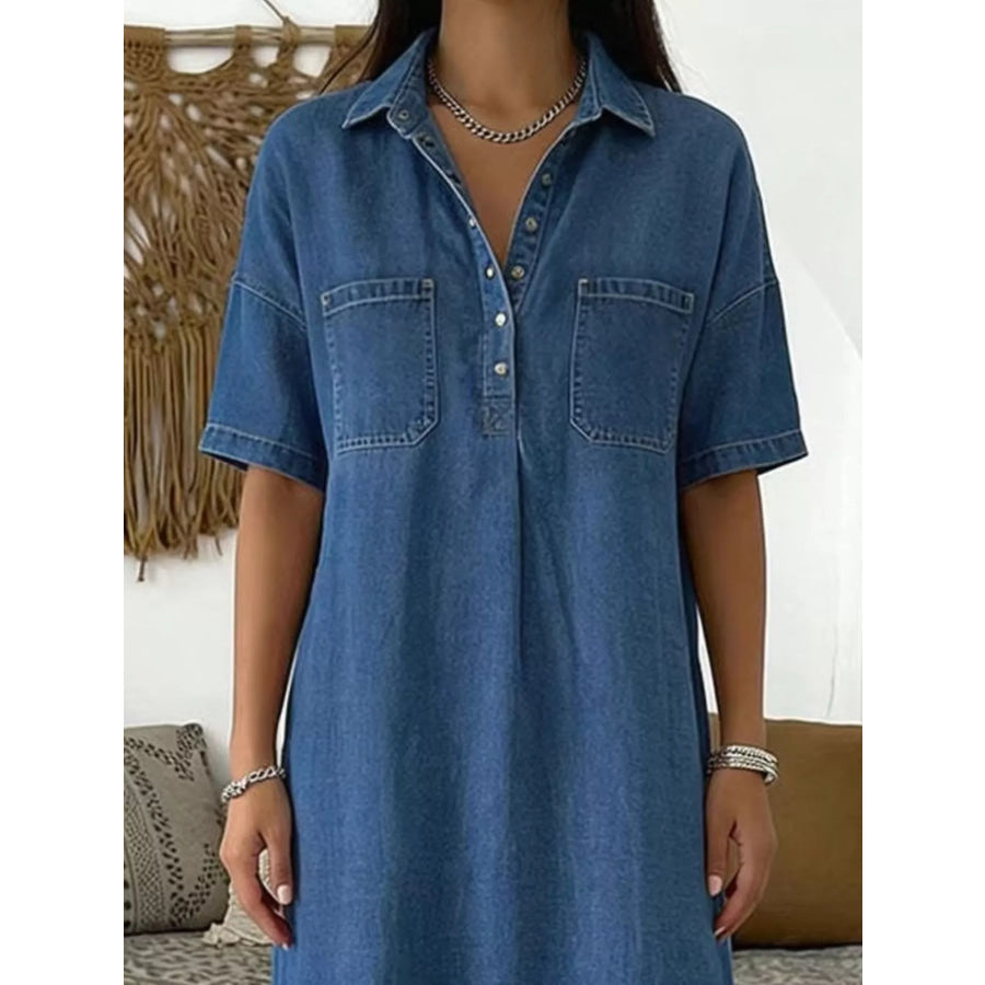Full Size Casual Short Sleeve Dress with Dual Chest Pockets Plus Dark Blue / S Apparel and Accessories