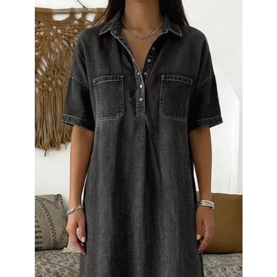 Full Size Casual Short Sleeve Dress with Dual Chest Pockets Plus Apparel and Accessories