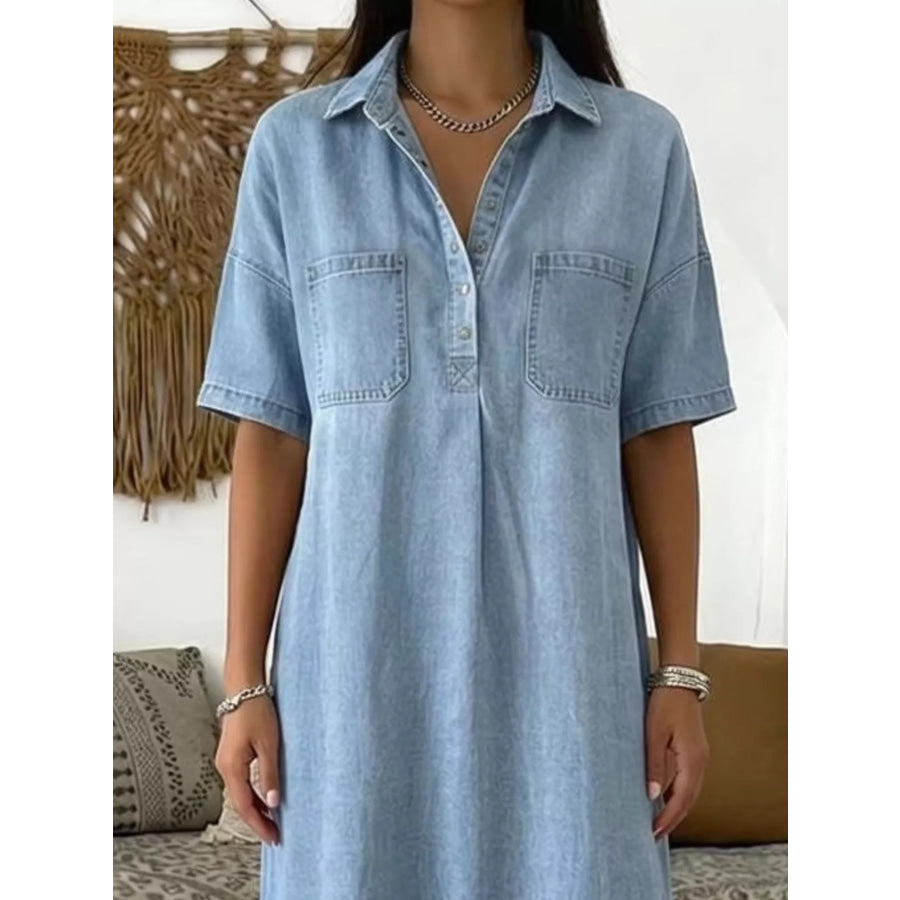 Full Size Casual Short Sleeve Dress with Dual Chest Pockets Plus Apparel and Accessories