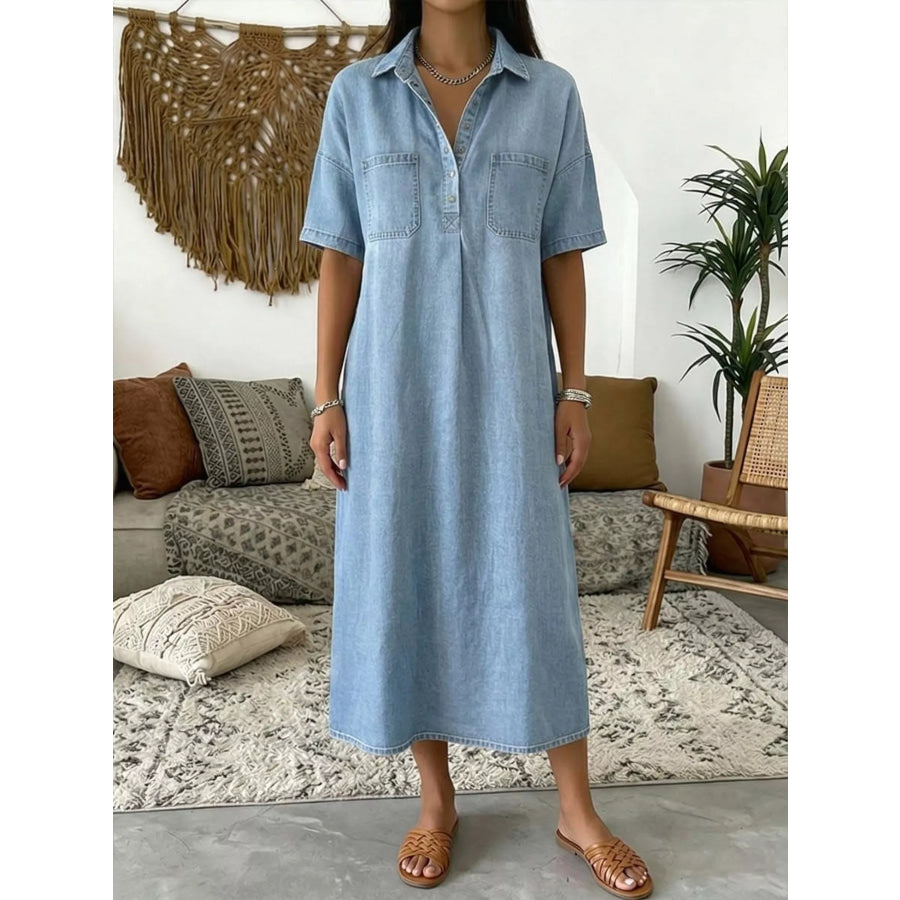 Full Size Casual Short Sleeve Dress with Dual Chest Pockets Plus Light Blue / S Apparel and Accessories