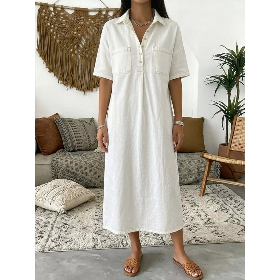 Full Size Casual Short Sleeve Dress with Dual Chest Pockets Plus White / S Apparel and Accessories