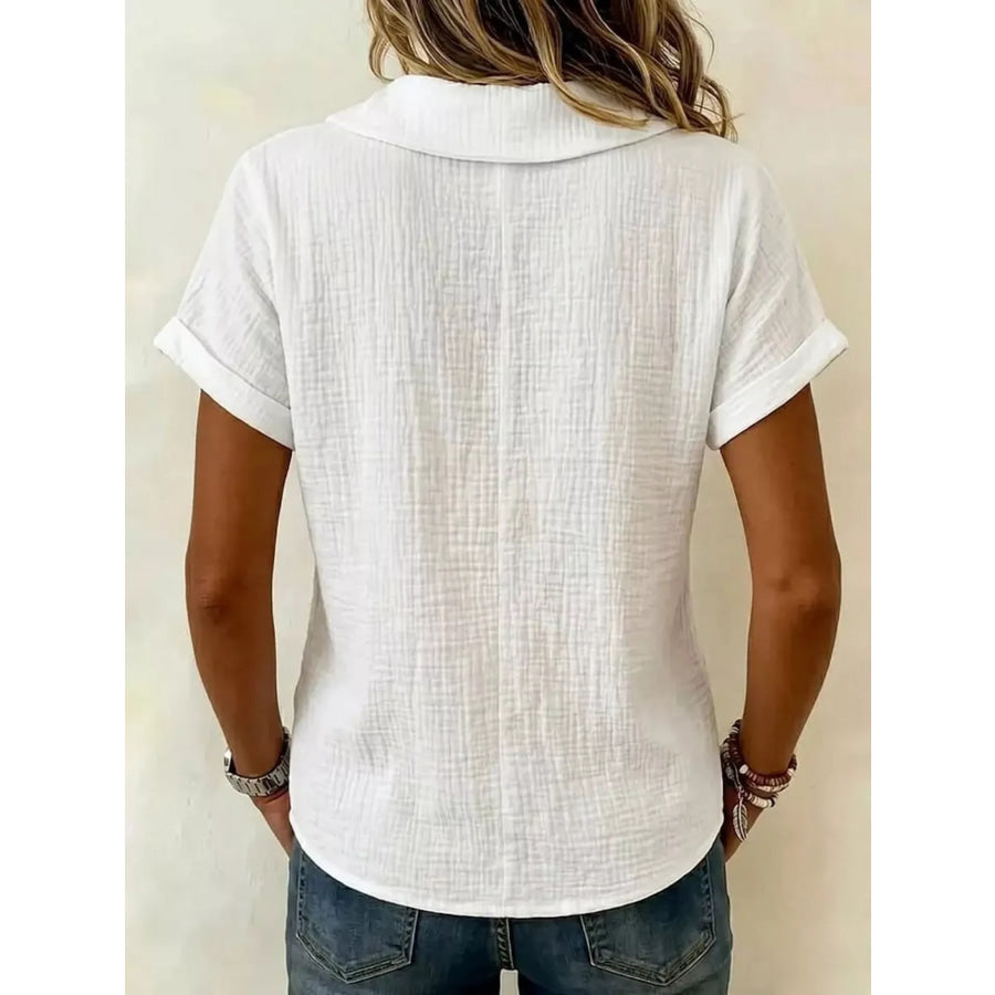 Full Size Casual Short Sleeve Textured Blouse Plus Size Apparel and Accessories