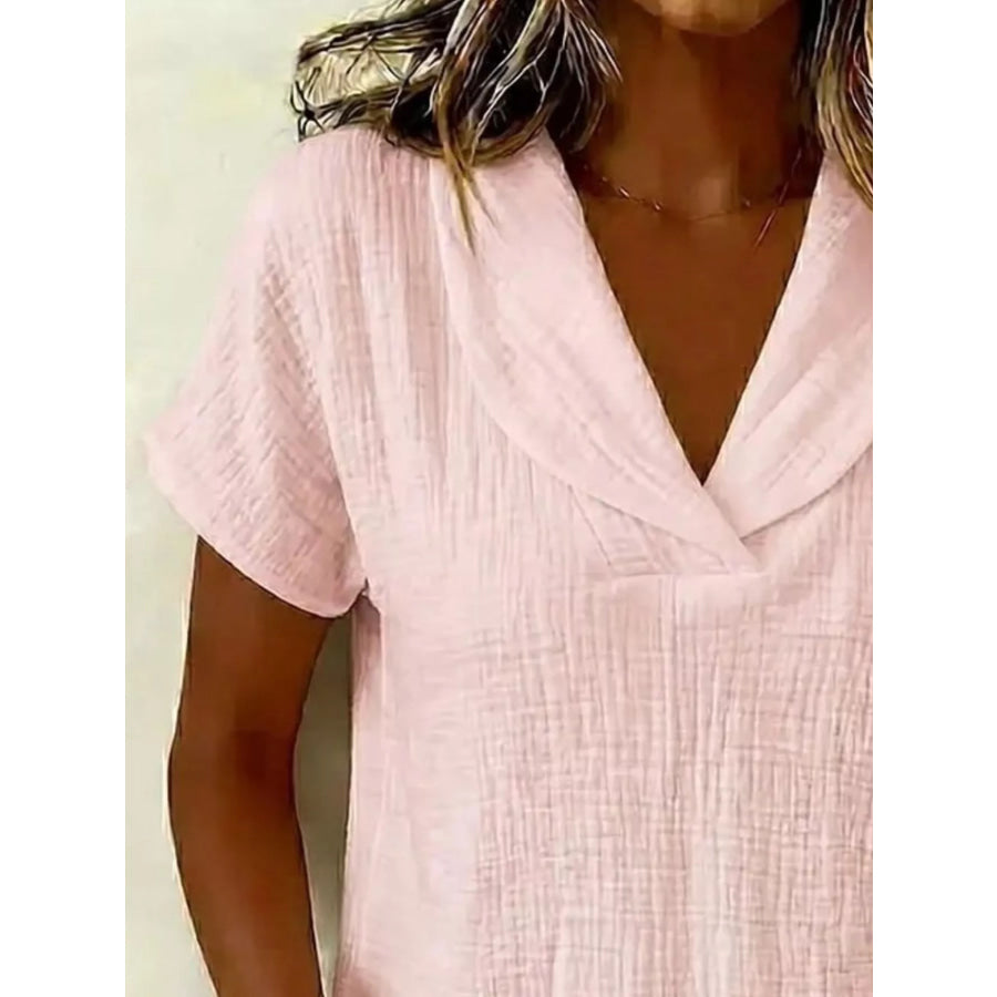 Full Size Casual Short Sleeve Textured Blouse Plus Size Apparel and Accessories