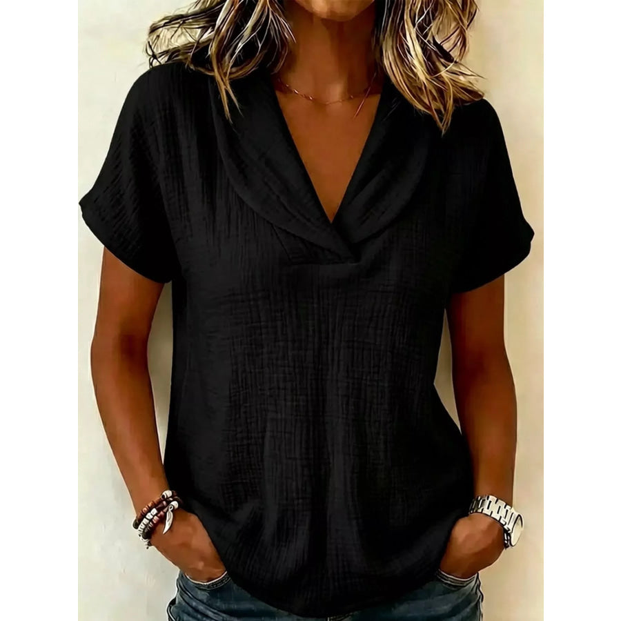 Full Size Casual Short Sleeve Textured Blouse Plus Size Black / S Apparel and Accessories