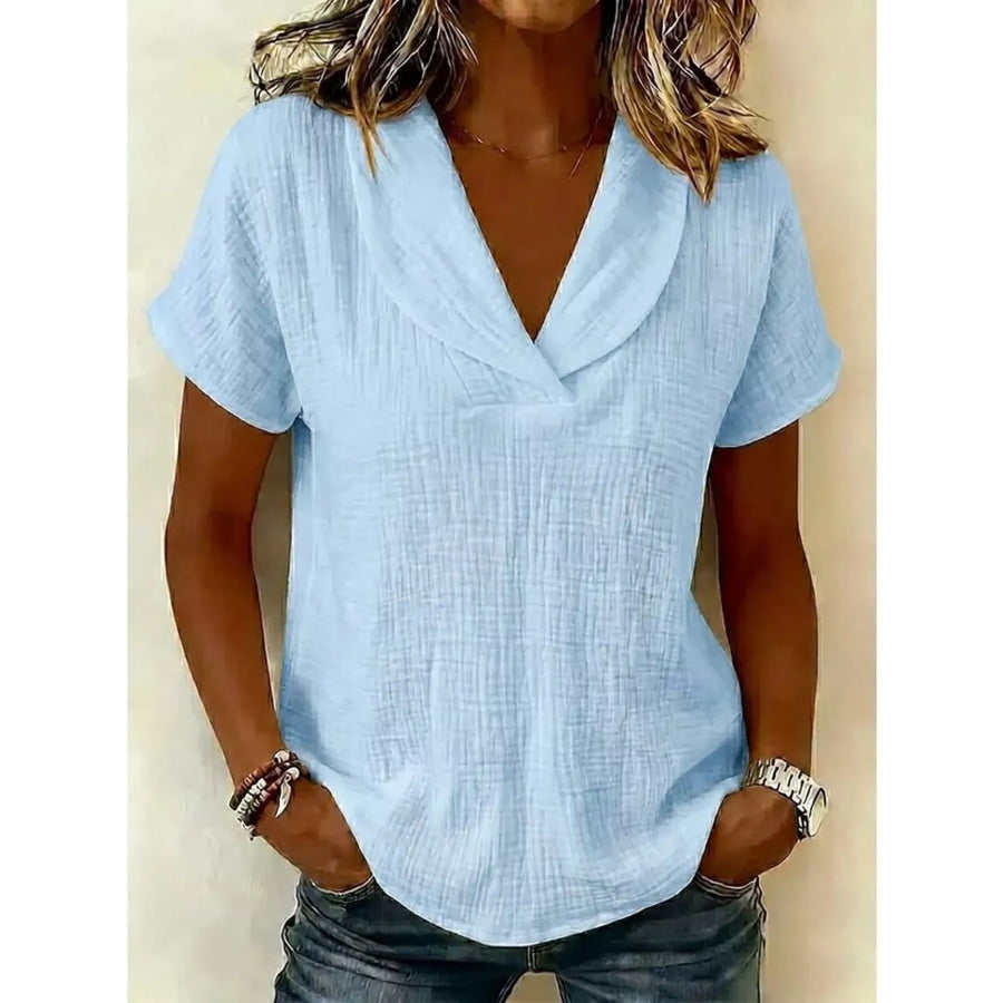 Full Size Casual Short Sleeve Textured Blouse Plus Size Light Blue / S Apparel and Accessories
