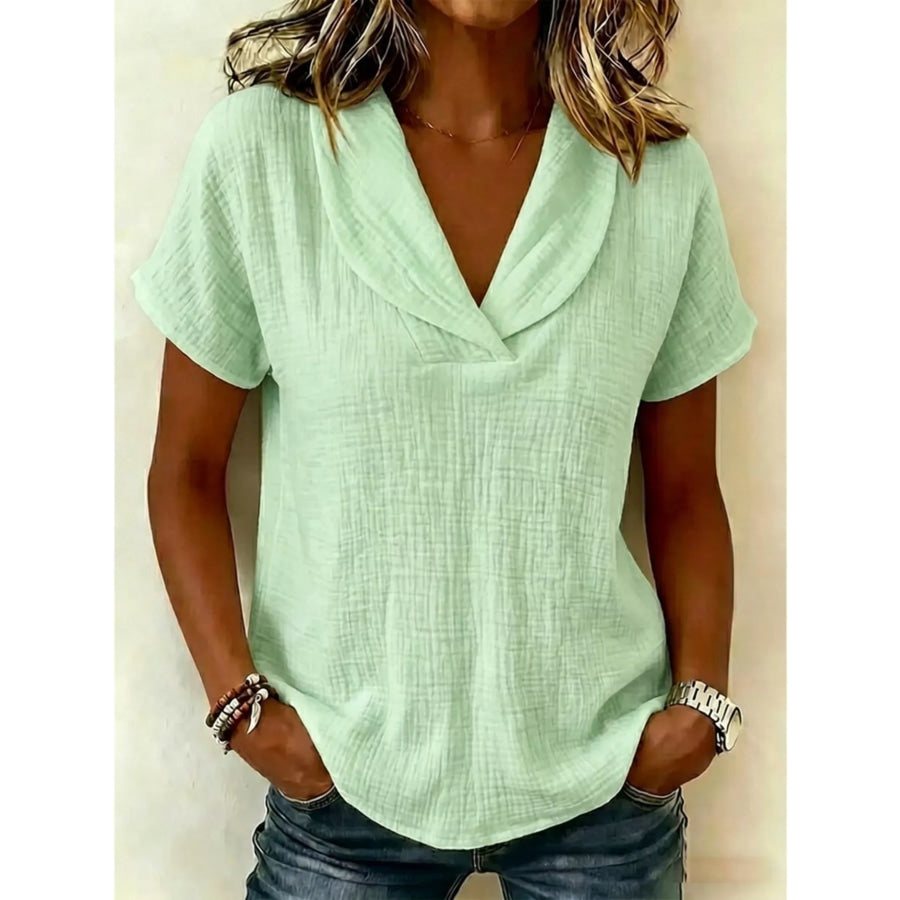 Full Size Casual Short Sleeve Textured Blouse Plus Size Light Green / S Apparel and Accessories