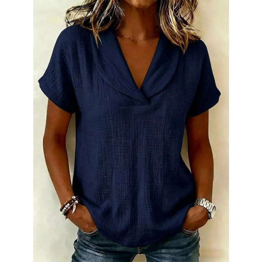 Full Size Casual Short Sleeve Textured Blouse Plus Size Navy Blue / S Apparel and Accessories