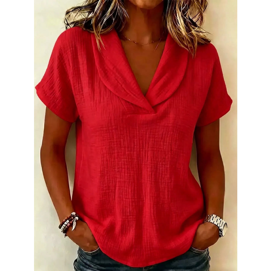 Full Size Casual Short Sleeve Textured Blouse Plus Size Red / S Apparel and Accessories