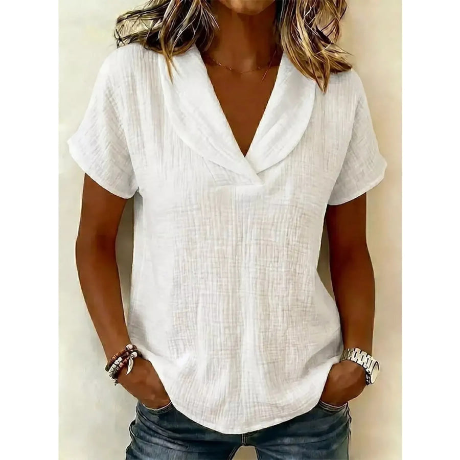 Full Size Casual Short Sleeve Textured Blouse Plus Size White / S Apparel and Accessories