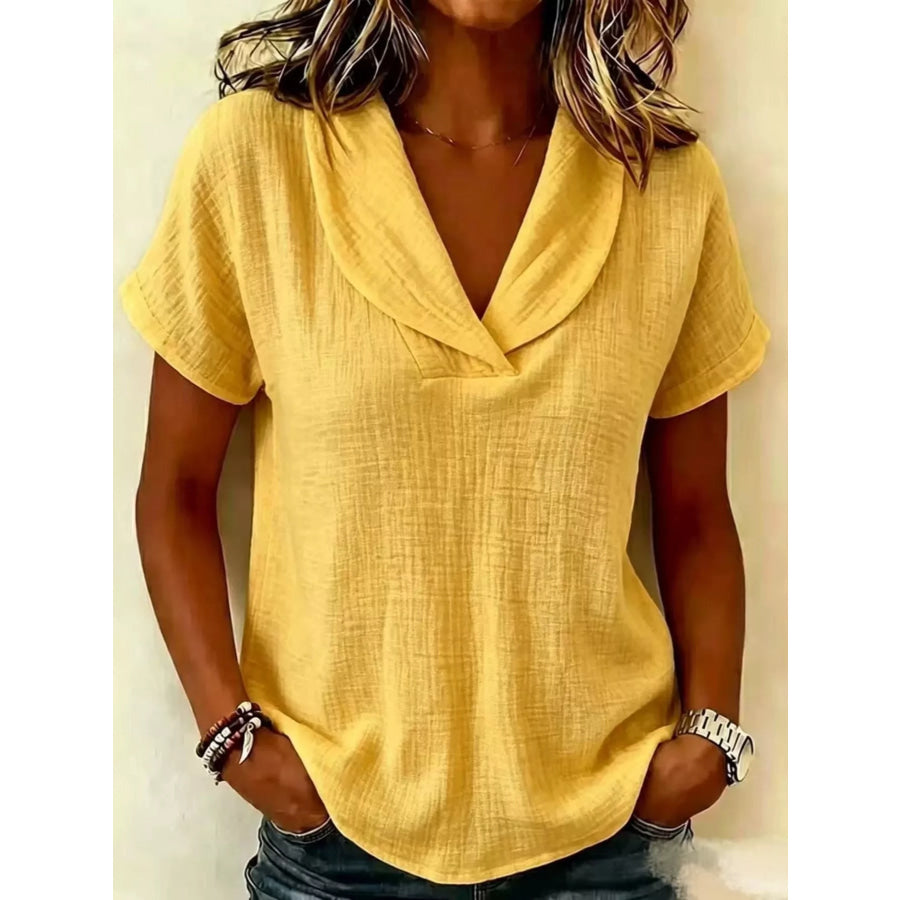 Full Size Casual Short Sleeve Textured Blouse Plus Size Yellow / S Apparel and Accessories