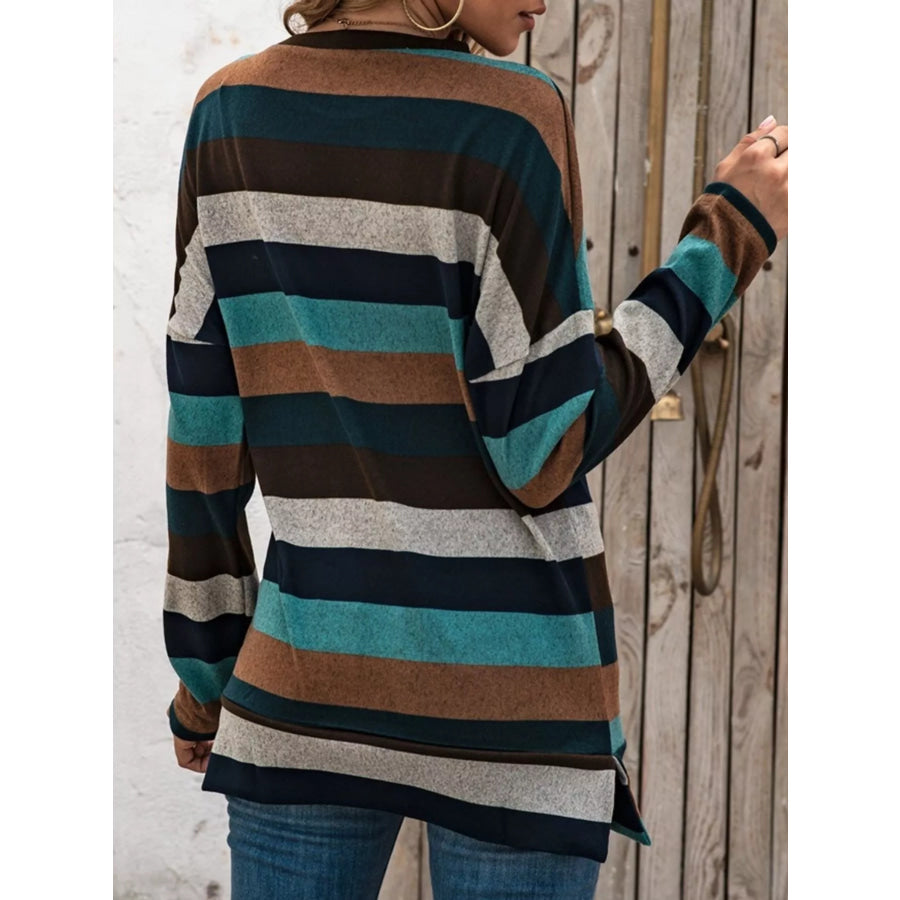 Full Size Casual Striped Long Sleeve Crew Neck Top Plus Size Apparel and Accessories