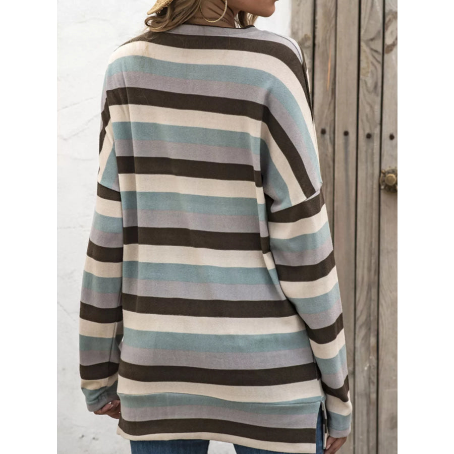 Full Size Casual Striped Long Sleeve Crew Neck Top Plus Size Apparel and Accessories