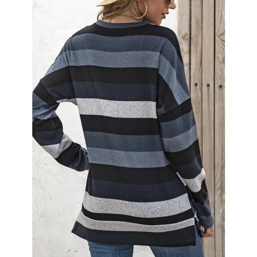 Full Size Casual Striped Long Sleeve Crew Neck Top Plus Size Apparel and Accessories