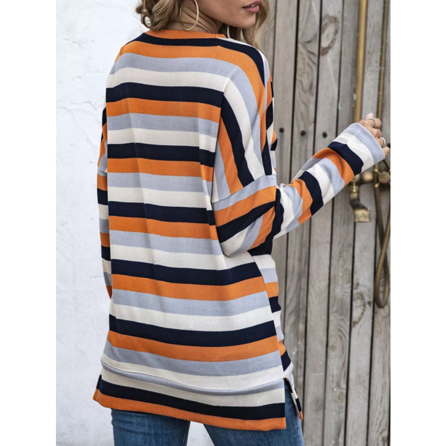 Full Size Casual Striped Long Sleeve Crew Neck Top Plus Size Apparel and Accessories