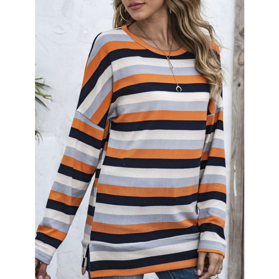 Full Size Casual Striped Long Sleeve Crew Neck Top Plus Size Apparel and Accessories