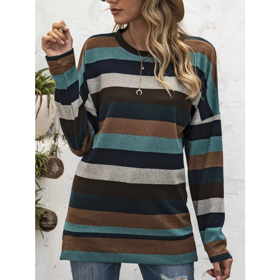 Full Size Casual Striped Long Sleeve Crew Neck Top Plus Size Apparel and Accessories