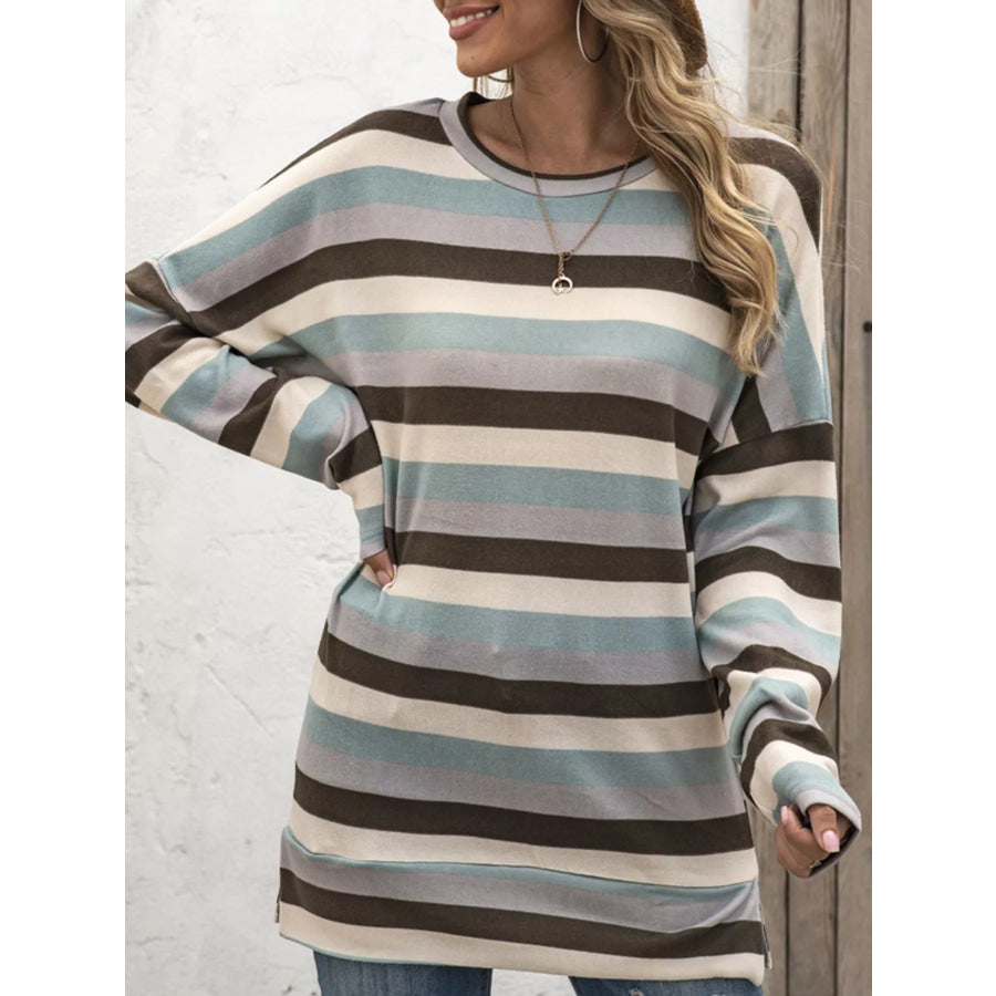 Full Size Casual Striped Long Sleeve Crew Neck Top Plus Size Apparel and Accessories