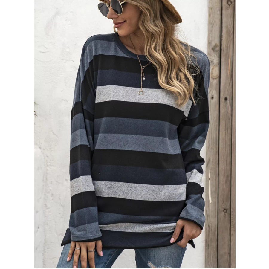 Full Size Casual Striped Long Sleeve Crew Neck Top Plus Size Apparel and Accessories