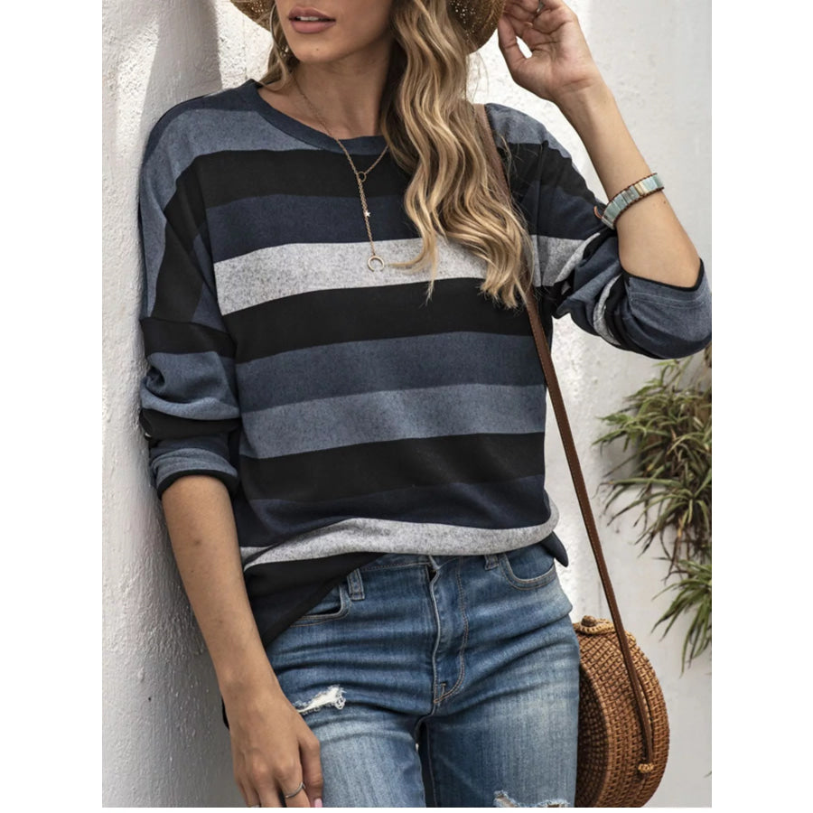 Full Size Casual Striped Long Sleeve Crew Neck Top Plus Size Dark Gray / S Apparel and Accessories