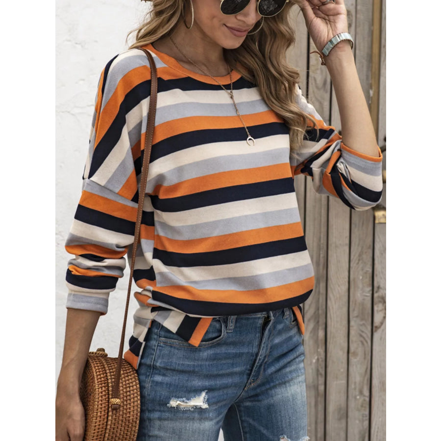Full Size Casual Striped Long Sleeve Crew Neck Top Plus Size Tangerine / S Apparel and Accessories